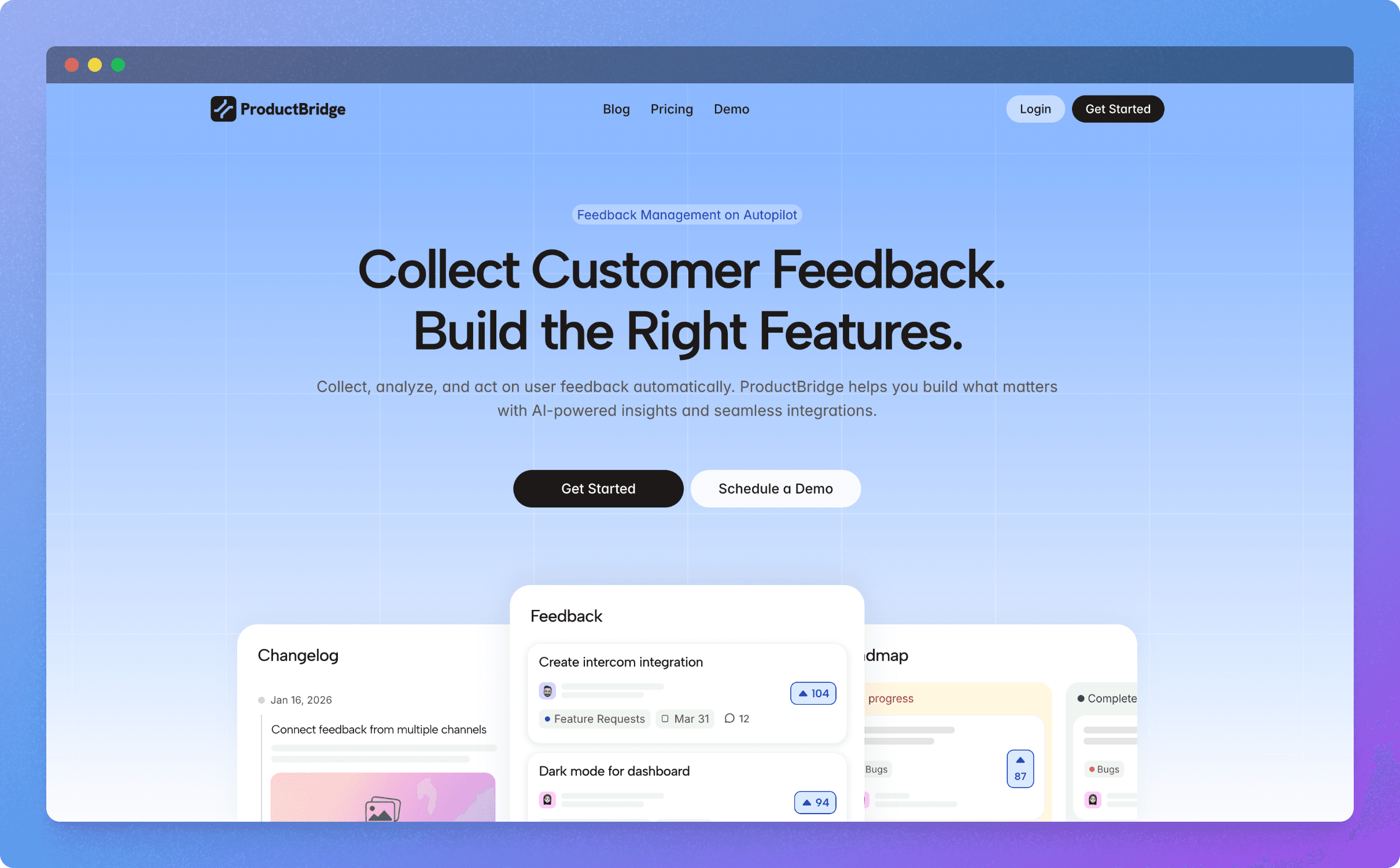 productbridge - homepage image highlighting feedback collection agent, roadmaps and changelog features